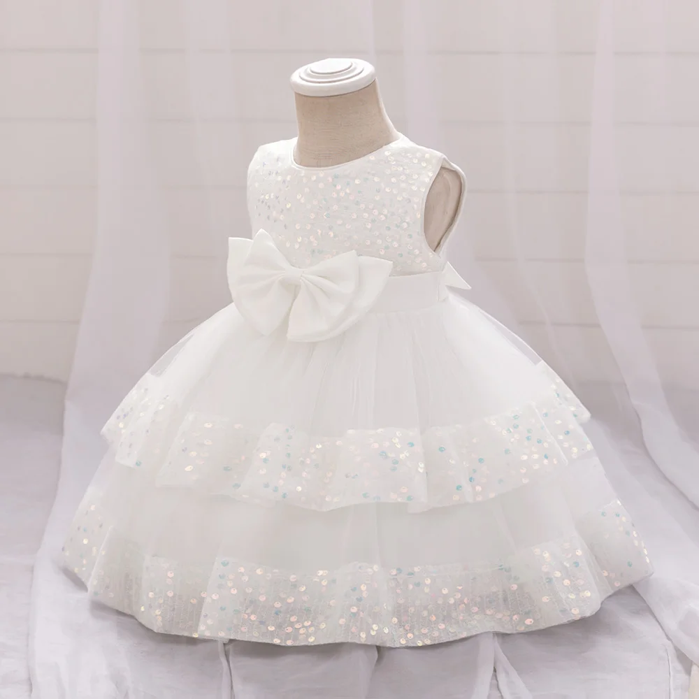 Sequin Bow Baby Girls Party Dresses Toddler 1st Birthday Baptism Dress Lace Wedding Princess Dress for Girls Christmas Prom Gown
