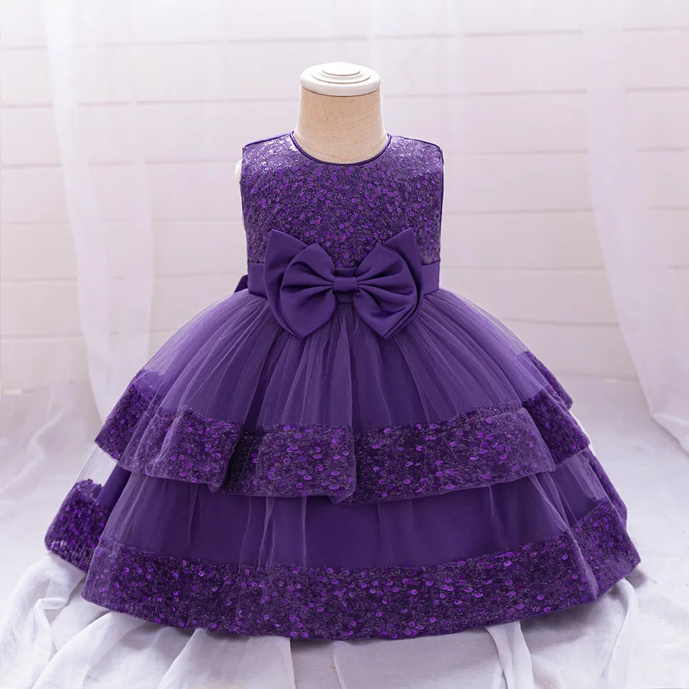 Sequin Bow Baby Girls Party Dresses Toddler 1st Birthday Baptism Dress Lace Wedding Princess Dress for Girls Christmas Prom Gown