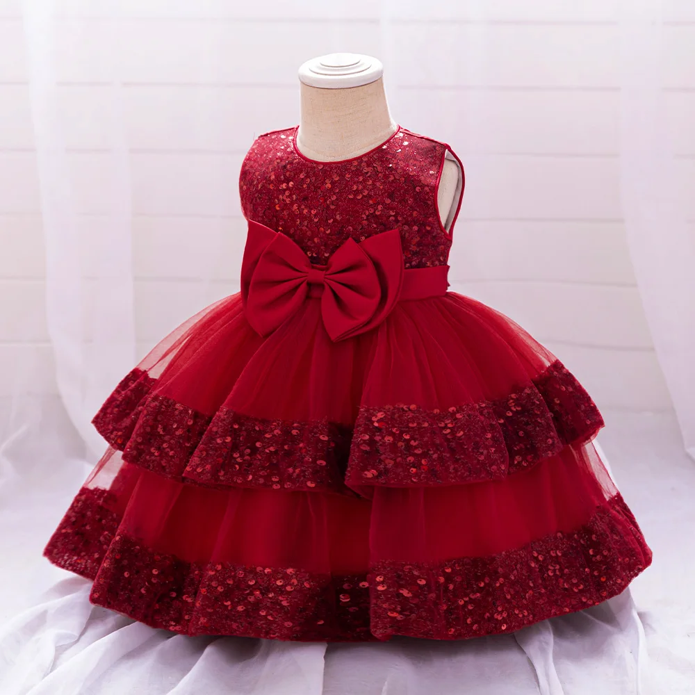 Sequin Bow Baby Girls Party Dresses Toddler 1st Birthday Baptism Dress Lace Wedding Princess Dress for Girls Christmas Prom Gown