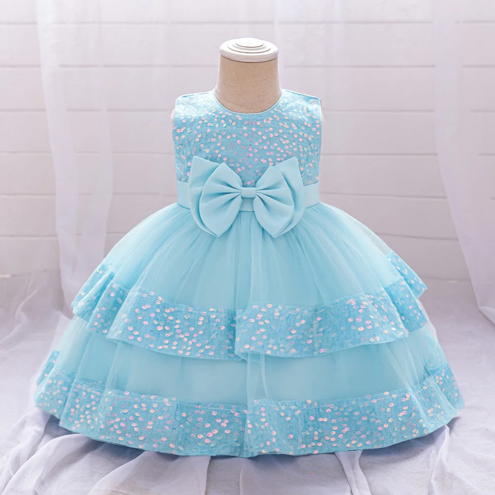 Sequin Bow Baby Girls Party Dresses Toddler 1st Birthday Baptism Dress Lace Wedding Princess Dress for Girls Christmas Prom Gown