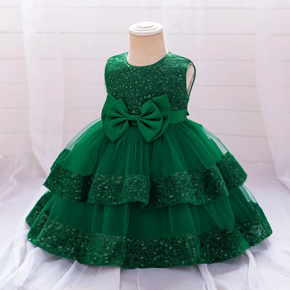 Sequin Bow Baby Girls Party Dresses Toddler 1st Birthday Baptism Dress Lace Wedding Princess Dress for Girls Christmas Prom Gown