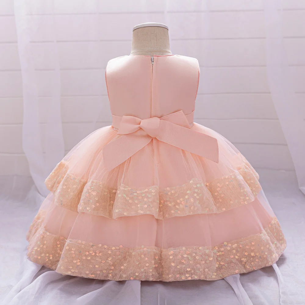 Sequin Bow Baby Girls Party Dresses Toddler 1st Birthday Baptism Dress Lace Wedding Princess Dress for Girls Christmas Prom Gown