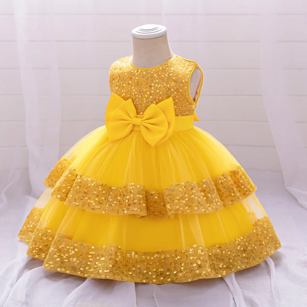 Sequin Bow Baby Girls Party Dresses Toddler 1st Birthday Baptism Dress Lace Wedding Princess Dress for Girls Christmas Prom Gown
