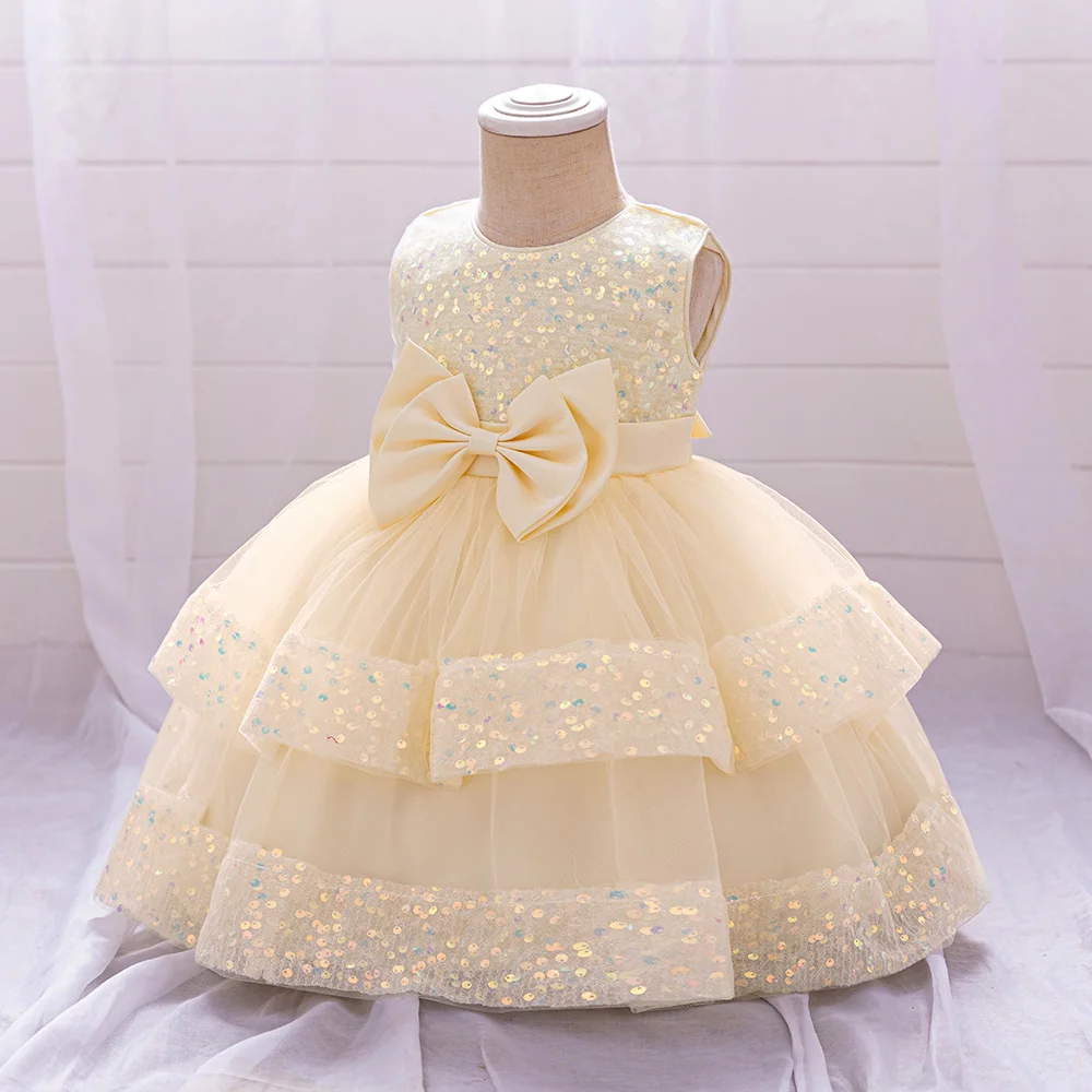 Sequin Bow Baby Girls Party Dresses Toddler 1st Birthday Baptism Dress Lace Wedding Princess Dress for Girls Christmas Prom Gown