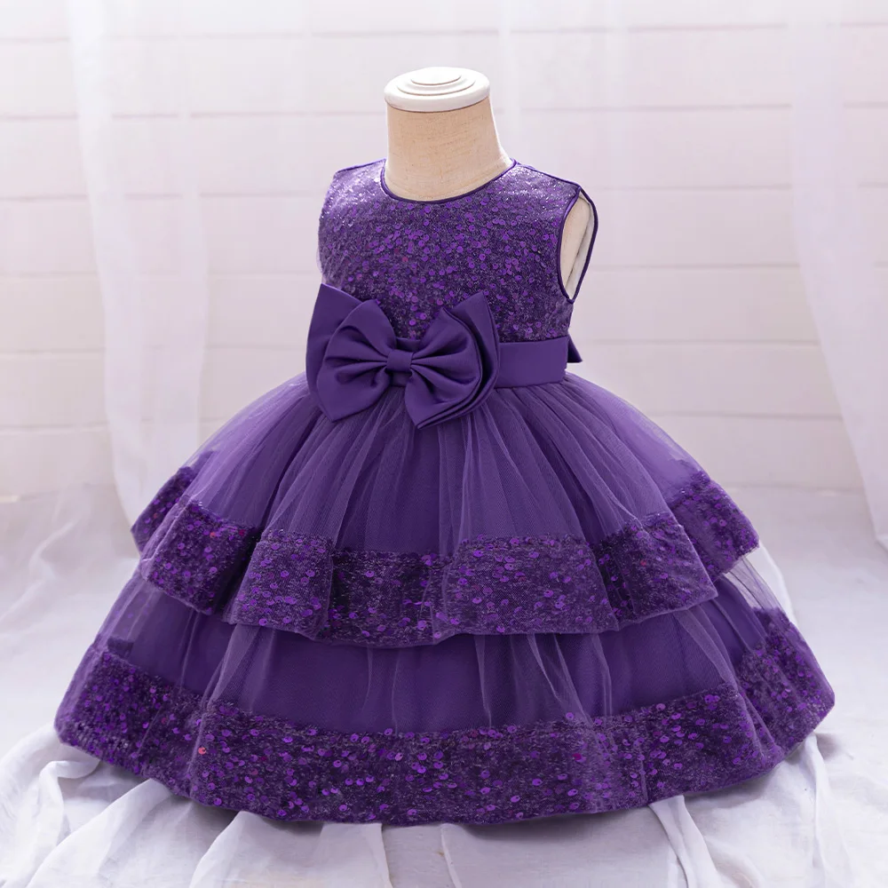 Sequin Bow Baby Girls Party Dresses Toddler 1st Birthday Baptism Dress Lace Wedding Princess Dress for Girls Christmas Prom Gown
