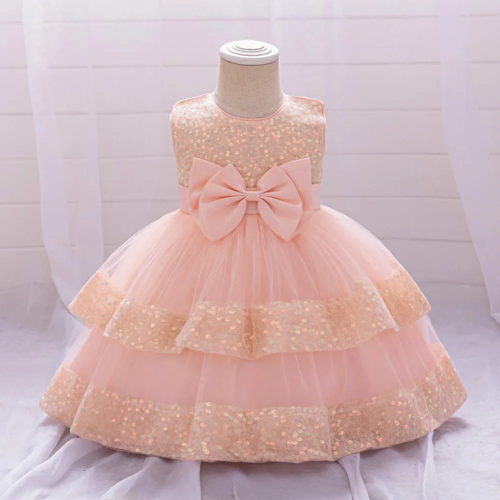 Sequin Bow Baby Girls Party Dresses Toddler 1st Birthday Baptism Dress Lace Wedding Princess Dress for Girls Christmas Prom Gown