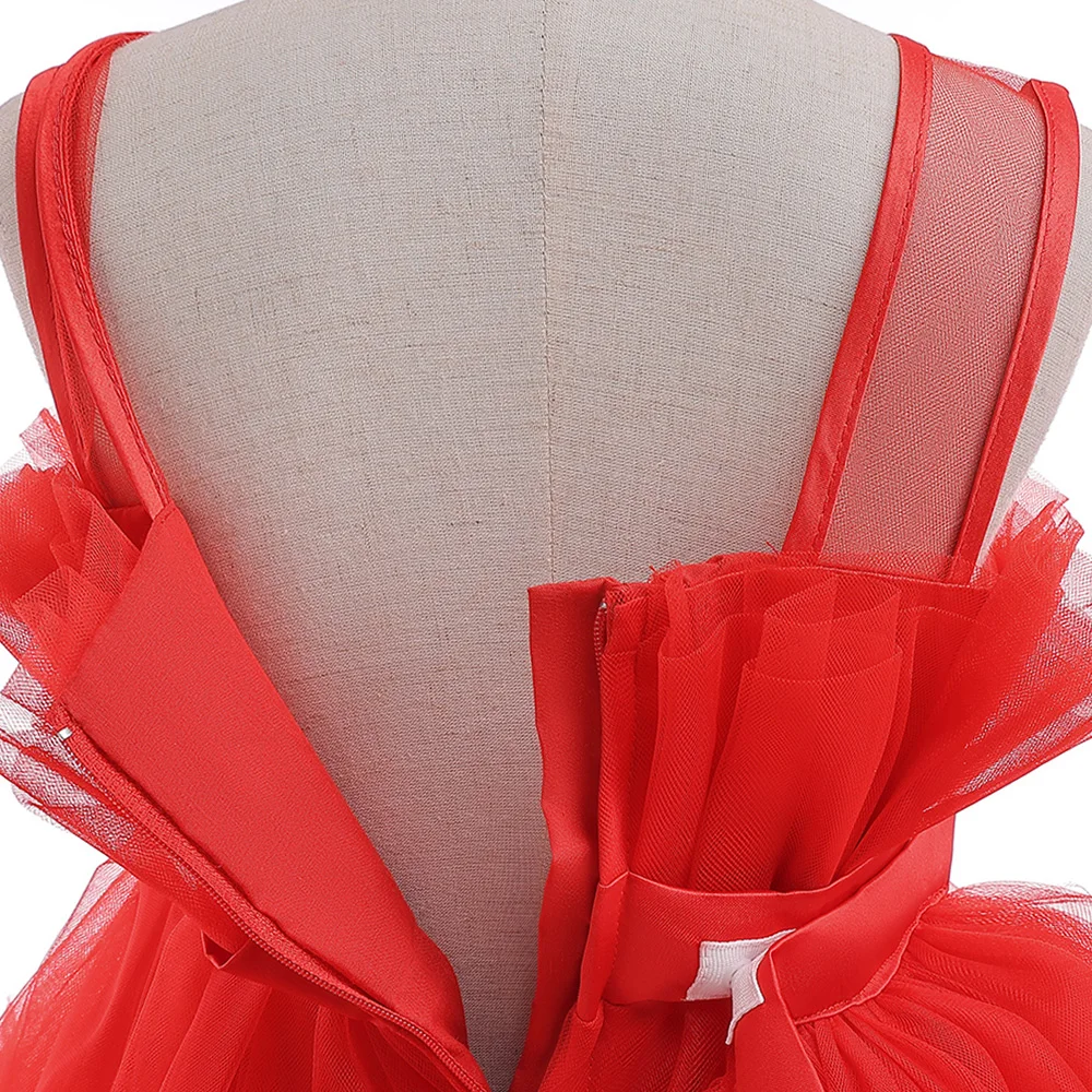 Red Puffy Tulle Flower Girls Dress Trailing First Communion Party Dresses For Girl Children Costume Princess Birthday Clothes