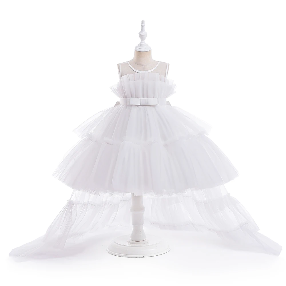 Red Puffy Tulle Flower Girls Dress Trailing First Communion Party Dresses For Girl Children Costume Princess Birthday Clothes