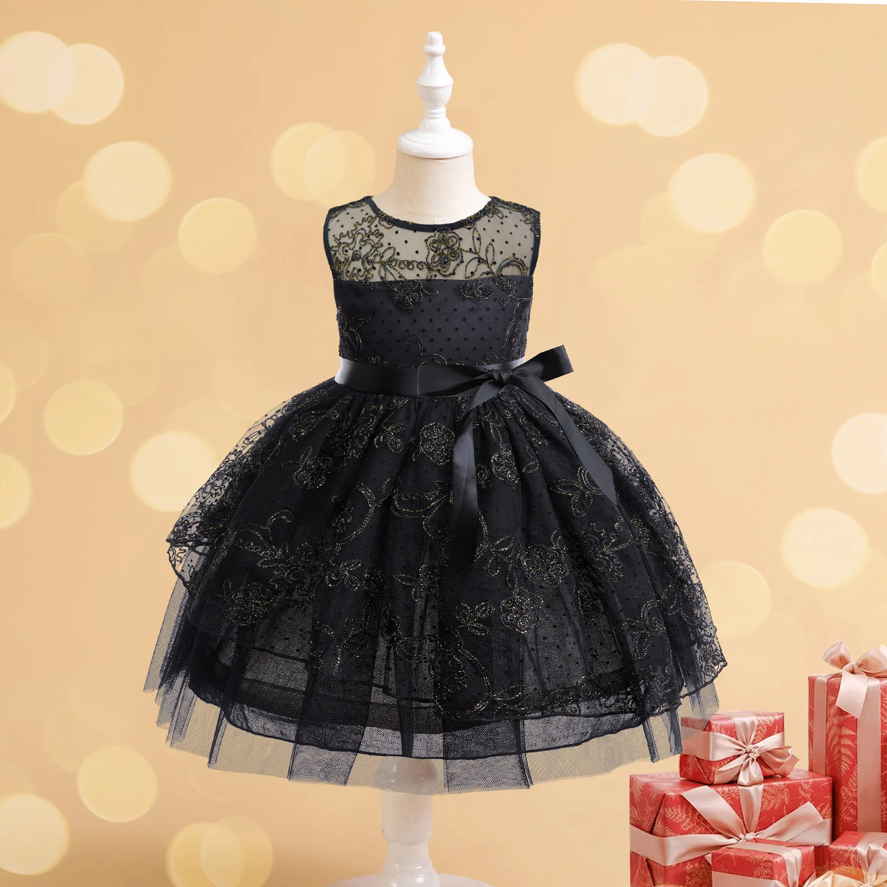 Girls New Wednesday Black Lace Hollow Sleeveless Gothic Mesh Dress Halloween Christmas Makeup Ball Cosplay Dress