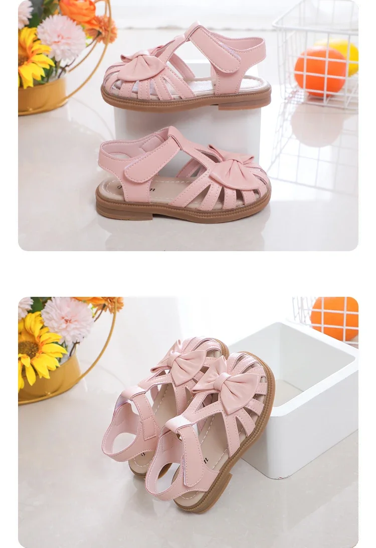 Cute Girls Sandals Bow Peep-toe 2025 New Soft Hook & Loop Beige Kids Princess Shoes Casual Sandals Cute Children Shoes Non-slip