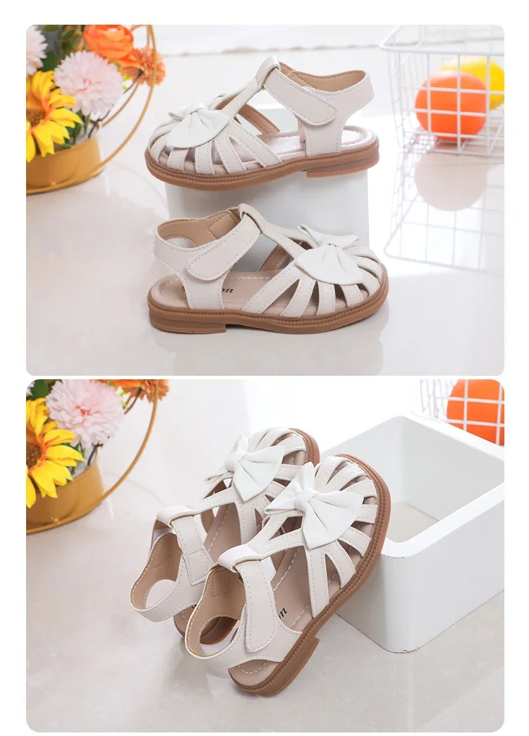 Cute Girls Sandals Bow Peep-toe 2025 New Soft Hook & Loop Beige Kids Princess Shoes Casual Sandals Cute Children Shoes Non-slip