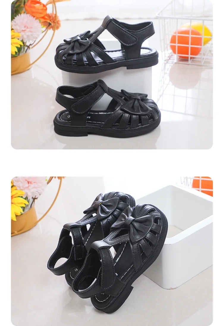 Cute Girls Sandals Bow Peep-toe 2025 New Soft Hook & Loop Beige Kids Princess Shoes Casual Sandals Cute Children Shoes Non-slip
