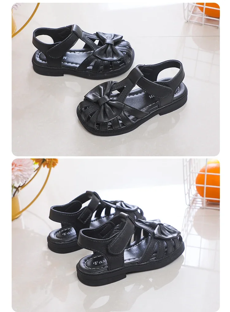 Cute Girls Sandals Bow Peep-toe 2025 New Soft Hook & Loop Beige Kids Princess Shoes Casual Sandals Cute Children Shoes Non-slip