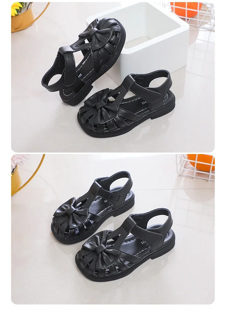 Cute Girls Sandals Bow Peep-toe 2025 New Soft Hook & Loop Beige Kids Princess Shoes Casual Sandals Cute Children Shoes Non-slip