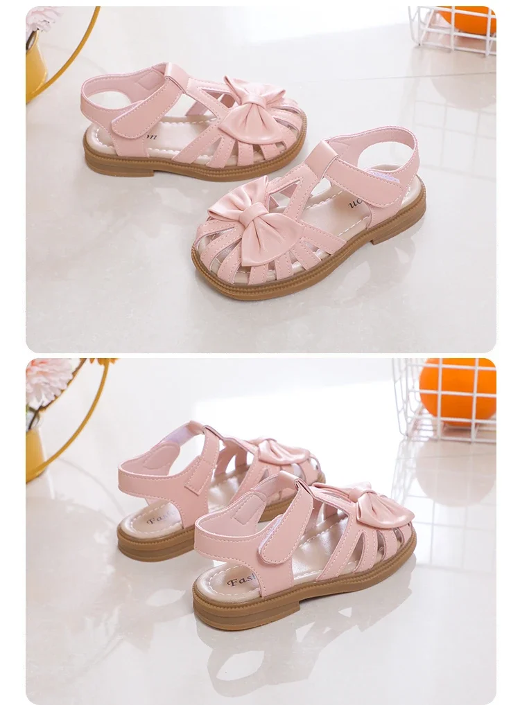 Cute Girls Sandals Bow Peep-toe 2025 New Soft Hook & Loop Beige Kids Princess Shoes Casual Sandals Cute Children Shoes Non-slip