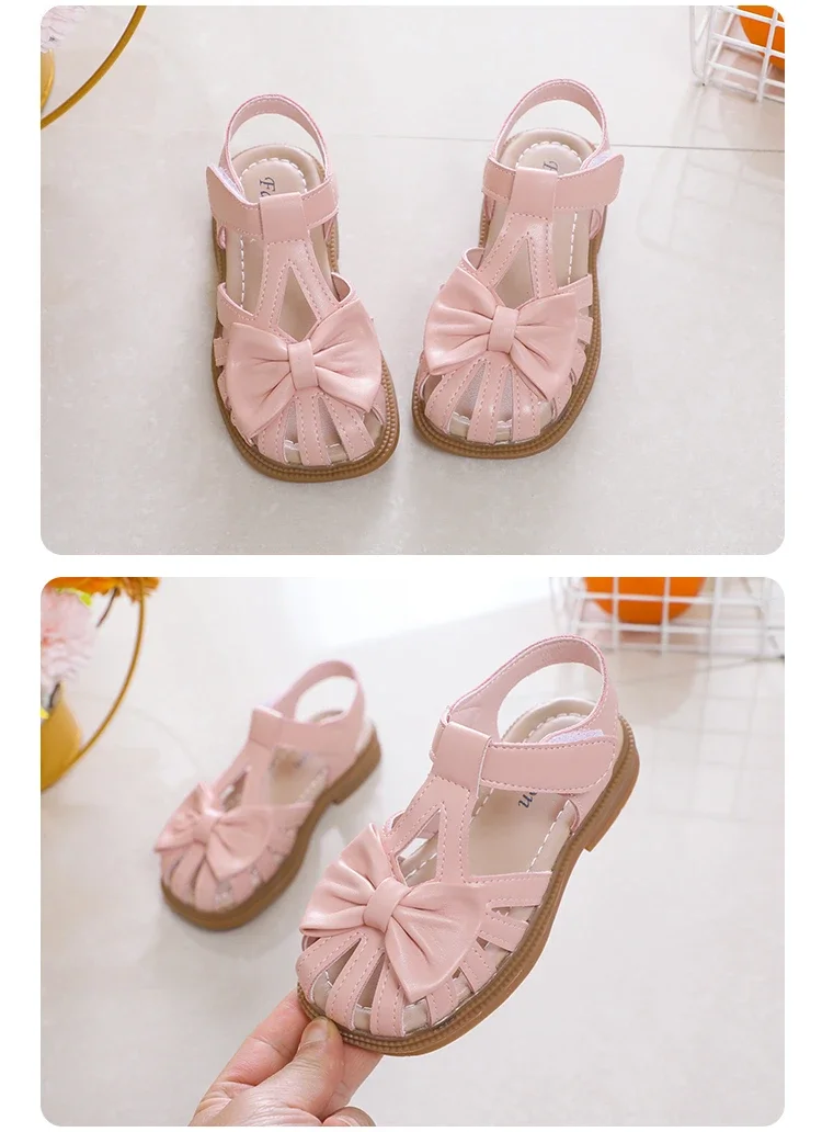 Cute Girls Sandals Bow Peep-toe 2025 New Soft Hook & Loop Beige Kids Princess Shoes Casual Sandals Cute Children Shoes Non-slip