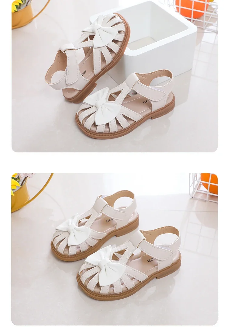 Cute Girls Sandals Bow Peep-toe 2025 New Soft Hook & Loop Beige Kids Princess Shoes Casual Sandals Cute Children Shoes Non-slip