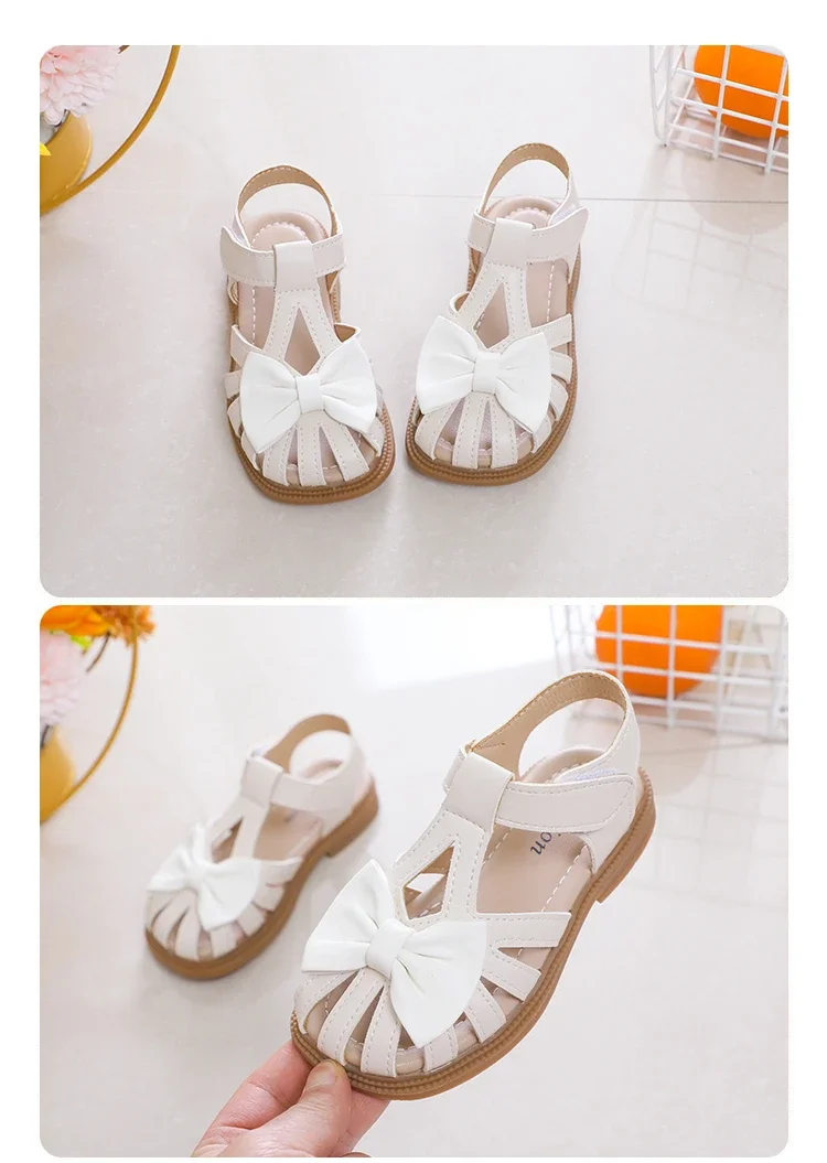 Cute Girls Sandals Bow Peep-toe 2025 New Soft Hook & Loop Beige Kids Princess Shoes Casual Sandals Cute Children Shoes Non-slip