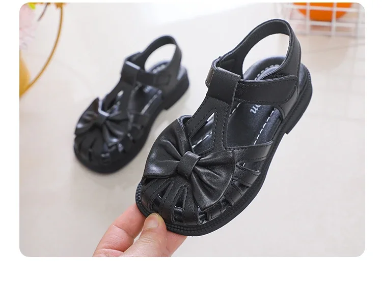 Cute Girls Sandals Bow Peep-toe 2025 New Soft Hook & Loop Beige Kids Princess Shoes Casual Sandals Cute Children Shoes Non-slip