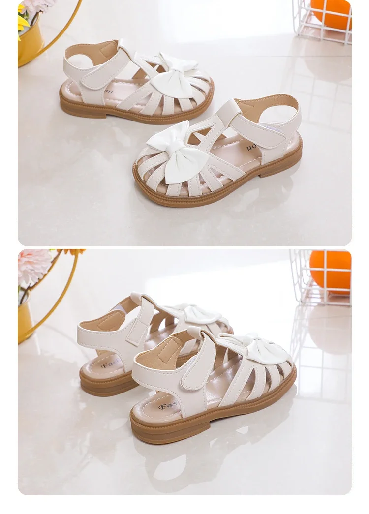 Cute Girls Sandals Bow Peep-toe 2025 New Soft Hook & Loop Beige Kids Princess Shoes Casual Sandals Cute Children Shoes Non-slip