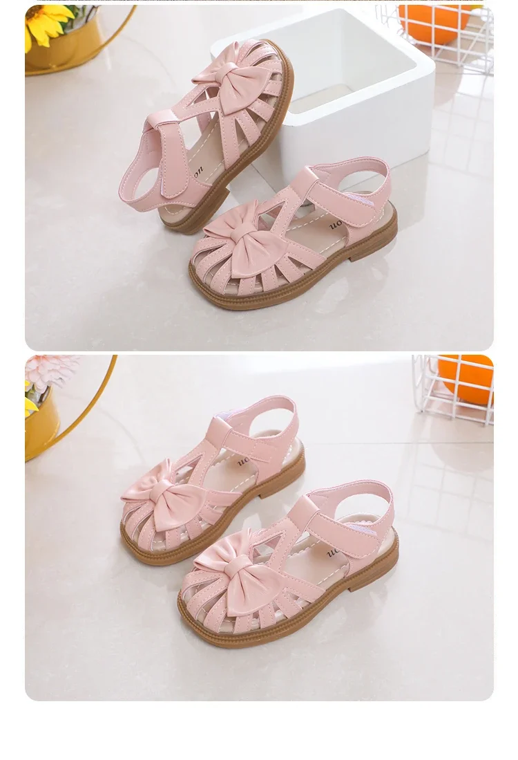 Cute Girls Sandals Bow Peep-toe 2025 New Soft Hook & Loop Beige Kids Princess Shoes Casual Sandals Cute Children Shoes Non-slip