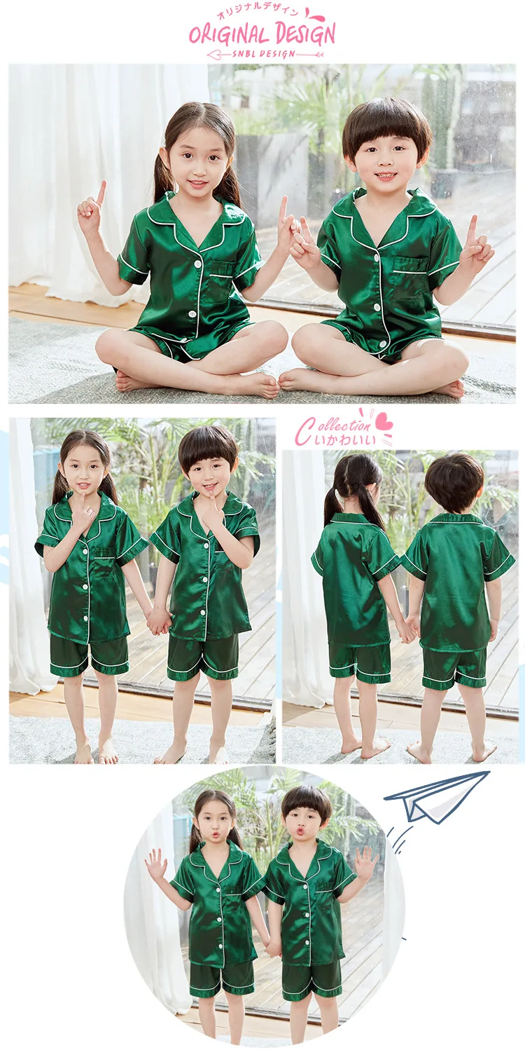 Boy Girl Satin Silk Pajamas Short Sets for Kids Toddler 3 4 5 6 7 8 9 10 11 12 13 14 Years Pink Summer Children Pijama Sleepwear