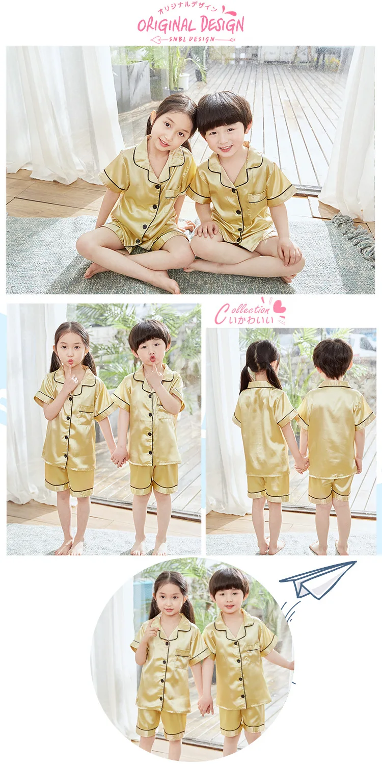 Boy Girl Satin Silk Pajamas Short Sets for Kids Toddler 3 4 5 6 7 8 9 10 11 12 13 14 Years Pink Summer Children Pijama Sleepwear