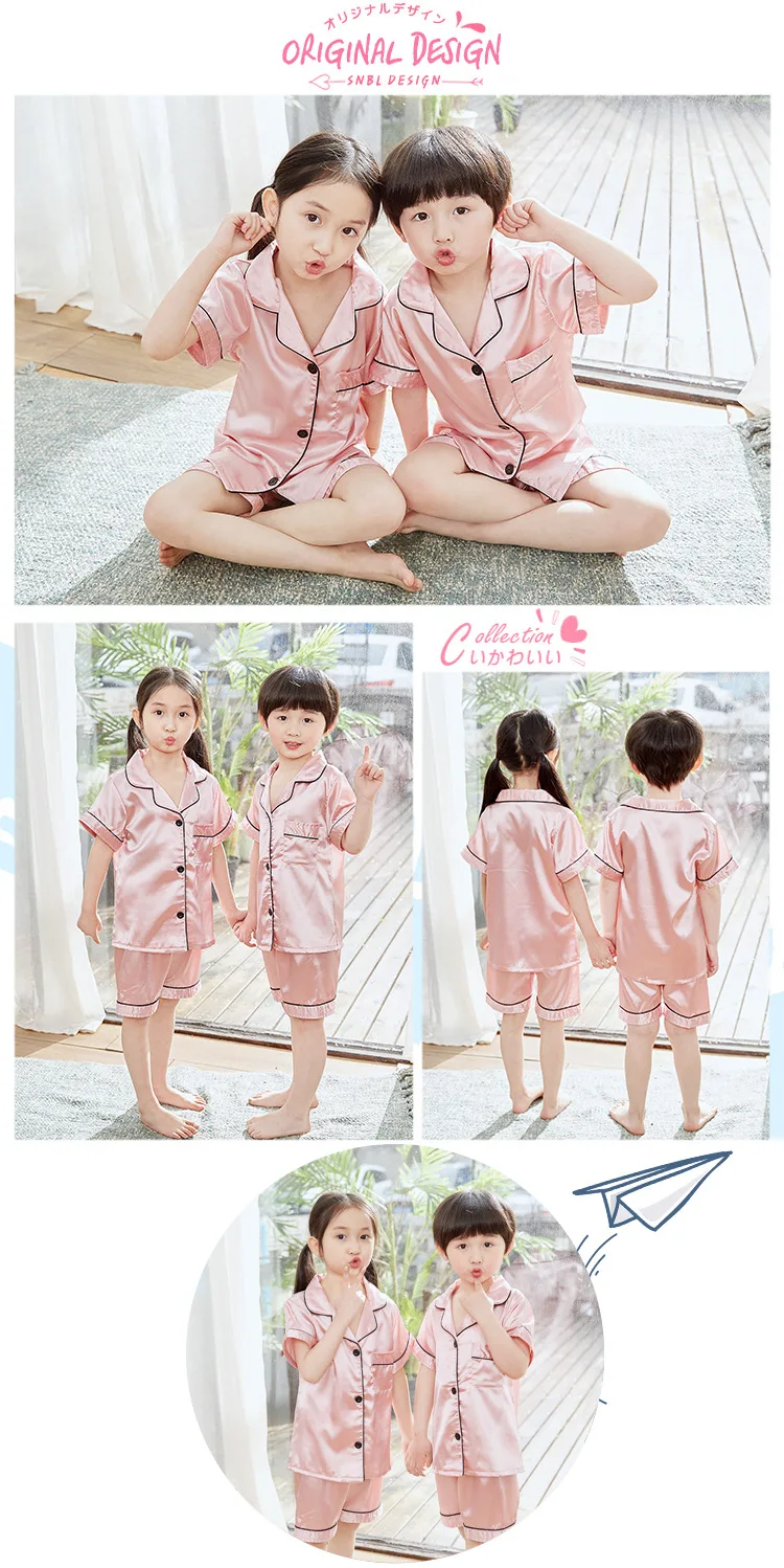 Boy Girl Satin Silk Pajamas Short Sets for Kids Toddler 3 4 5 6 7 8 9 10 11 12 13 14 Years Pink Summer Children Pijama Sleepwear