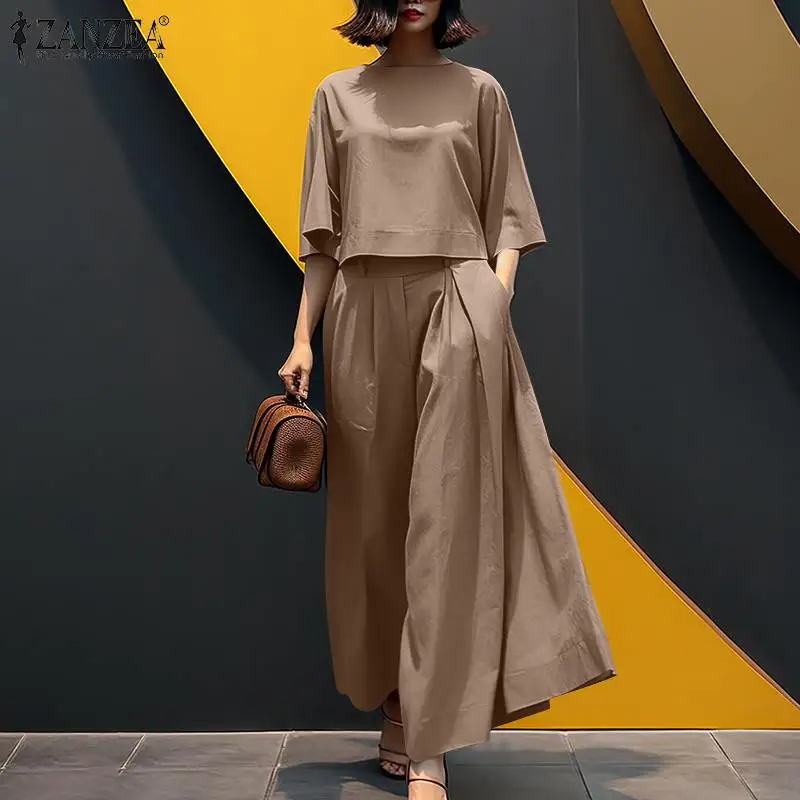 Fashion Summer 3/4 Sleeve Blouse Trousers Suits ZANZEA Stylish Women Wide Leg Pants Sets 2PCS Casual Outifits Work OL Tracksuit