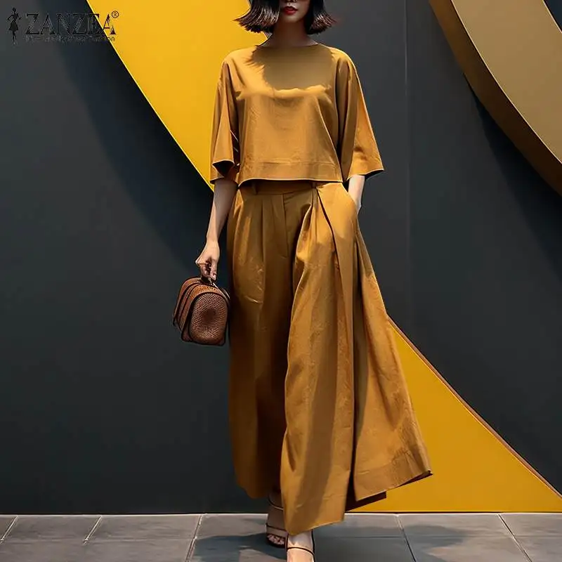 Fashion Summer 3/4 Sleeve Blouse Trousers Suits ZANZEA Stylish Women Wide Leg Pants Sets 2PCS Casual Outifits Work OL Tracksuit