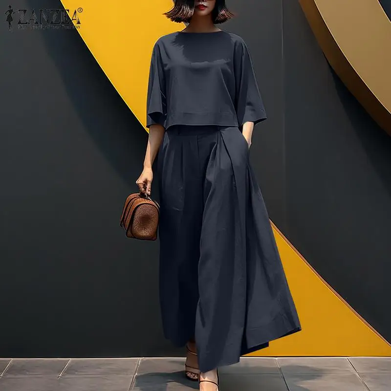 Fashion Summer 3/4 Sleeve Blouse Trousers Suits ZANZEA Stylish Women Wide Leg Pants Sets 2PCS Casual Outifits Work OL Tracksuit