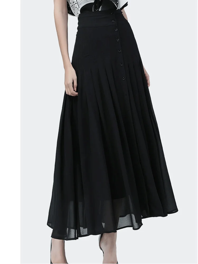 Summer Chiffon Pleated Skirt High Waist Slim A-line Skirt Women High Quality Elegant Over-the-knee Slit Ladies Long Skirt Party