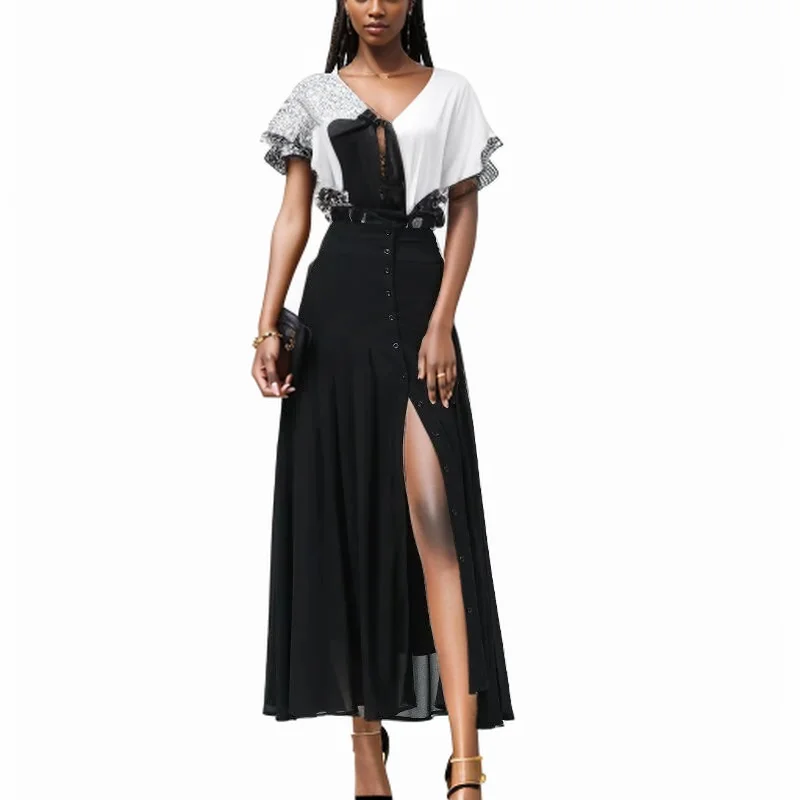 Summer Chiffon Pleated Skirt High Waist Slim A-line Skirt Women High Quality Elegant Over-the-knee Slit Ladies Long Skirt Party