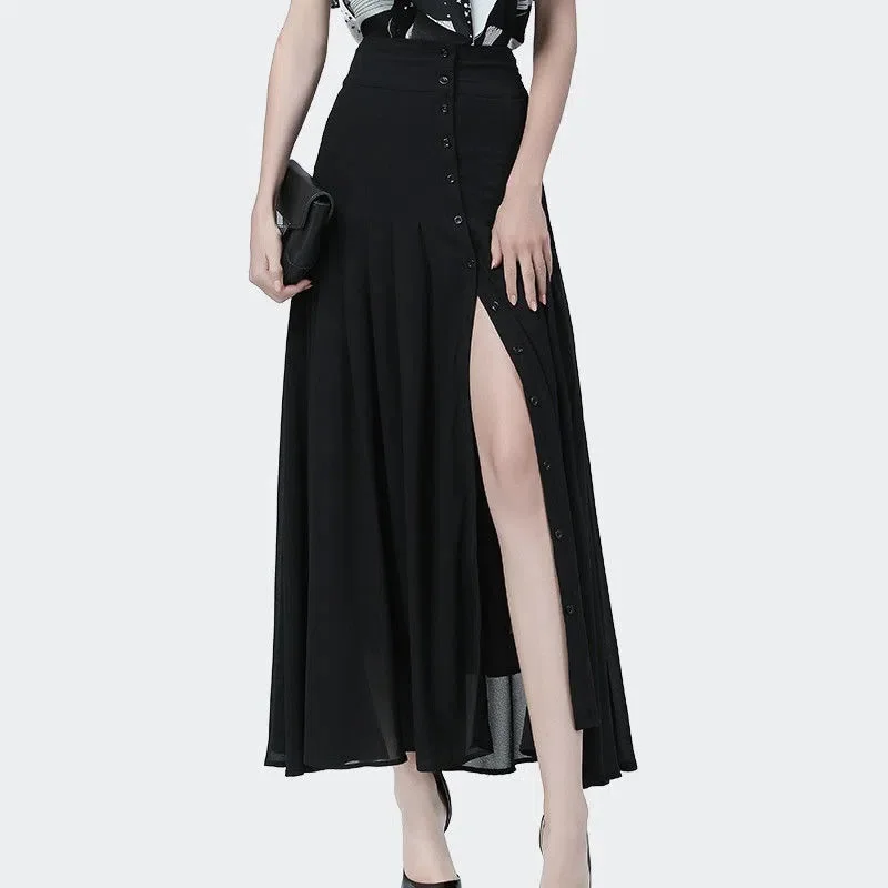 Summer Chiffon Pleated Skirt High Waist Slim A-line Skirt Women High Quality Elegant Over-the-knee Slit Ladies Long Skirt Party