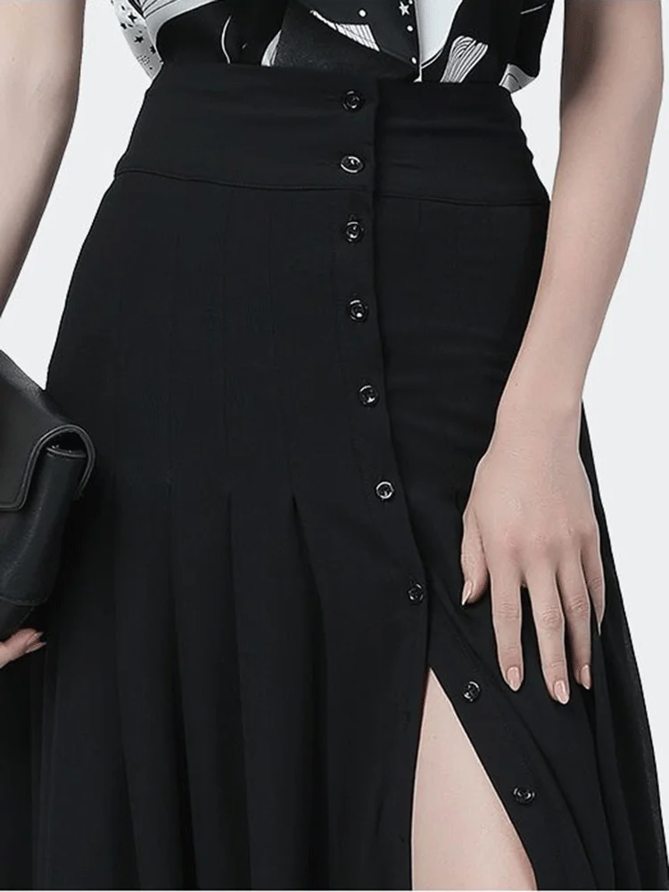 Summer Chiffon Pleated Skirt High Waist Slim A-line Skirt Women High Quality Elegant Over-the-knee Slit Ladies Long Skirt Party