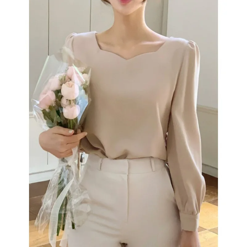 Autumn Puff Sleeve Simple Shirts Spring Square Collar Women Blouse 2026 Elegant Casual Loose Tops Fashion Ladies