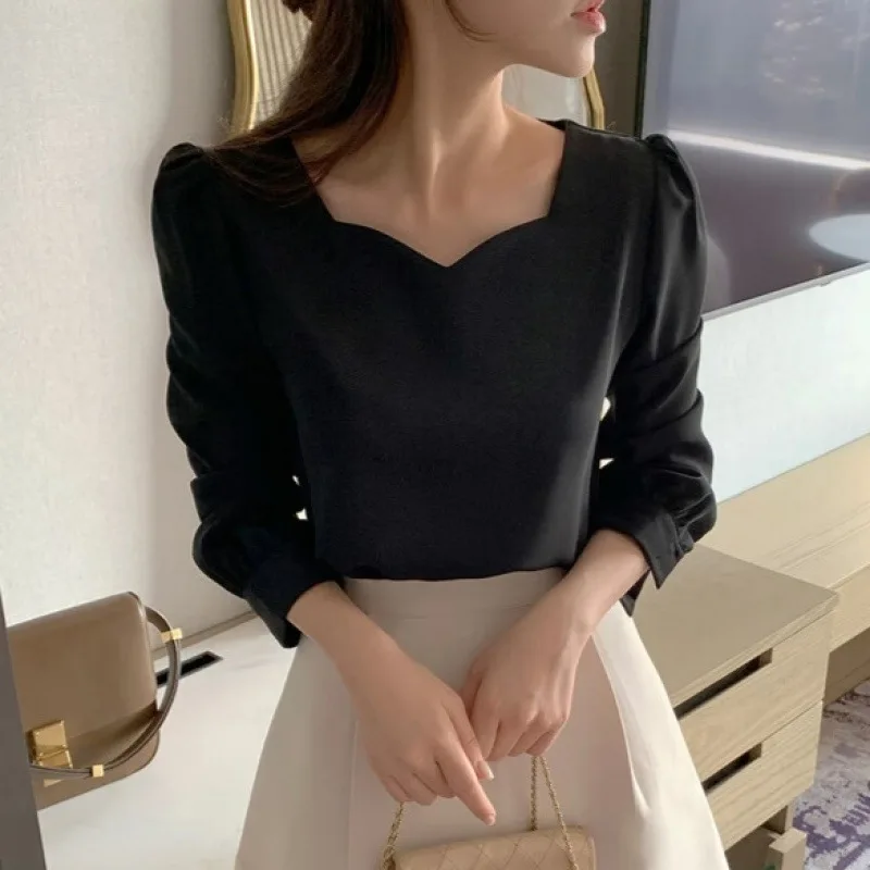 Autumn Puff Sleeve Simple Shirts Spring Square Collar Women Blouse 2026 Elegant Casual Loose Tops Fashion Ladies