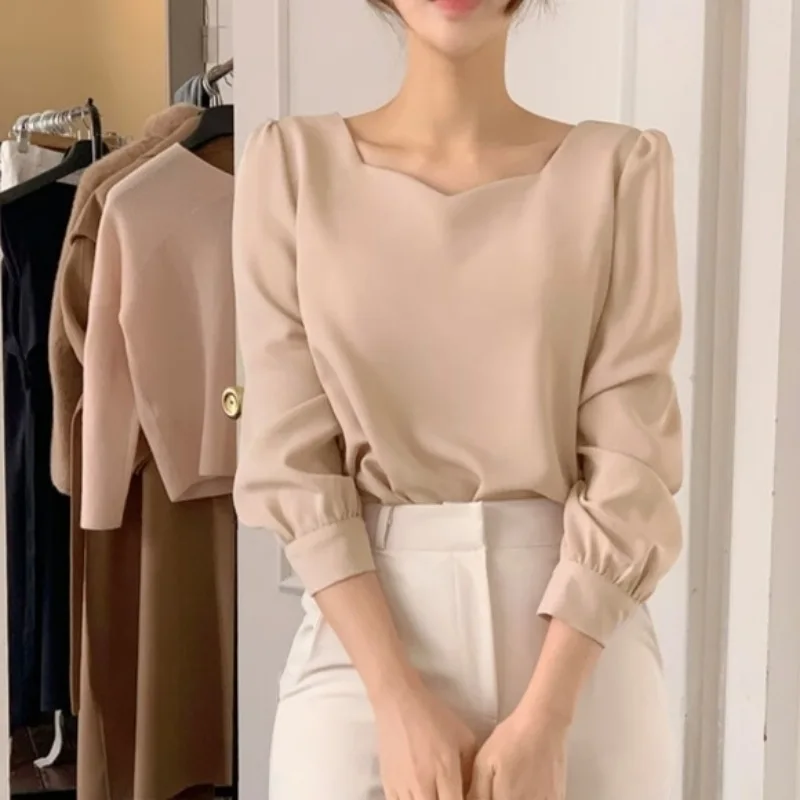 Autumn Puff Sleeve Simple Shirts Spring Square Collar Women Blouse 2026 Elegant Casual Loose Tops Fashion Ladies