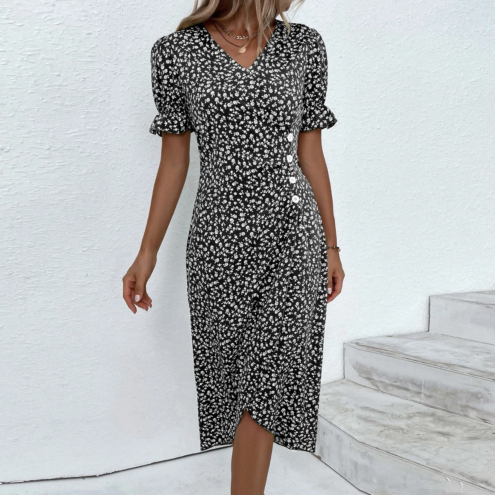 Elegant Floral Pleated H shaped Midi Dress Female V Neck Puff Sleeve Waist Ruched Button Dresses Women Summer Dress Robe