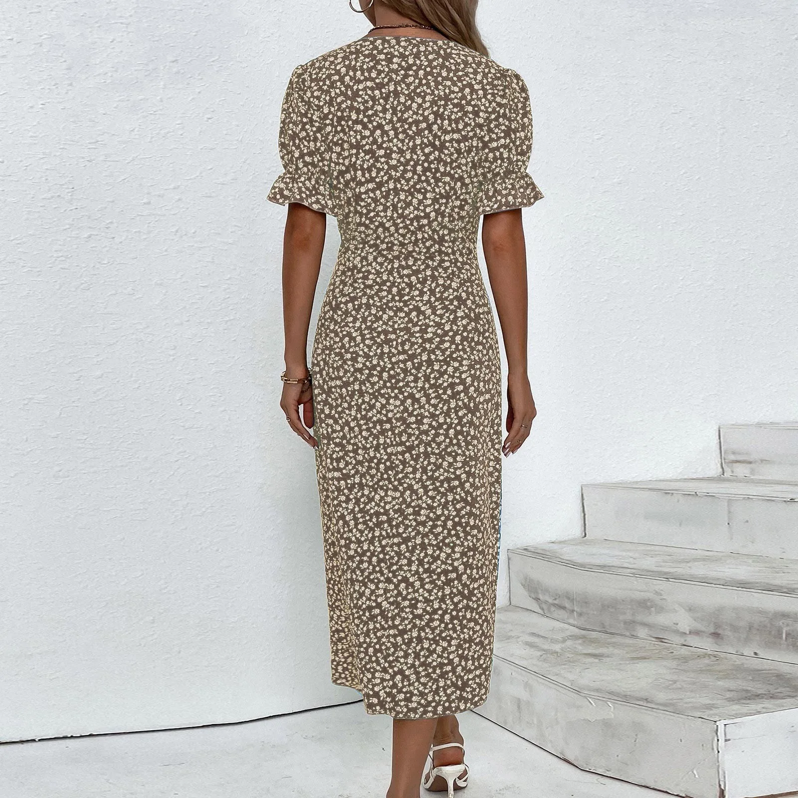 Elegant Floral Pleated H shaped Midi Dress Female V Neck Puff Sleeve Waist Ruched Button Dresses Women Summer Dress Robe