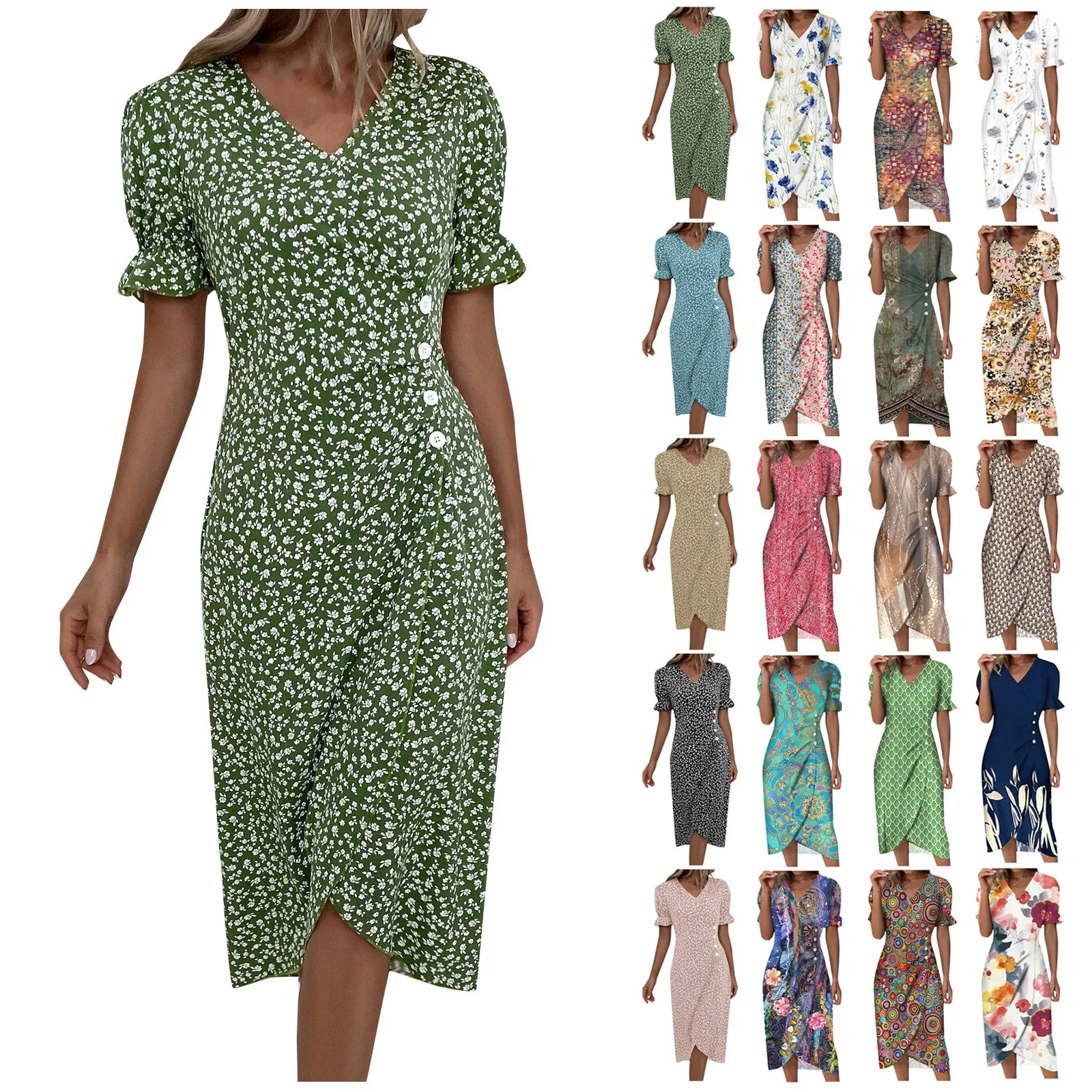 Elegant Floral Pleated H shaped Midi Dress Female V Neck Puff Sleeve Waist Ruched Button Dresses Women Summer Dress Robe