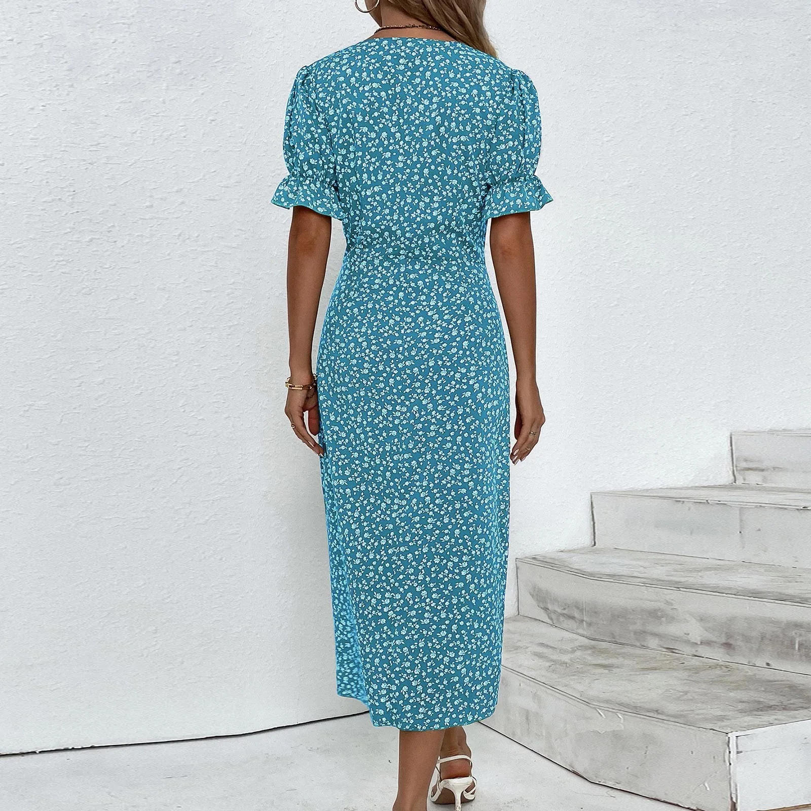Elegant Floral Pleated H shaped Midi Dress Female V Neck Puff Sleeve Waist Ruched Button Dresses Women Summer Dress Robe