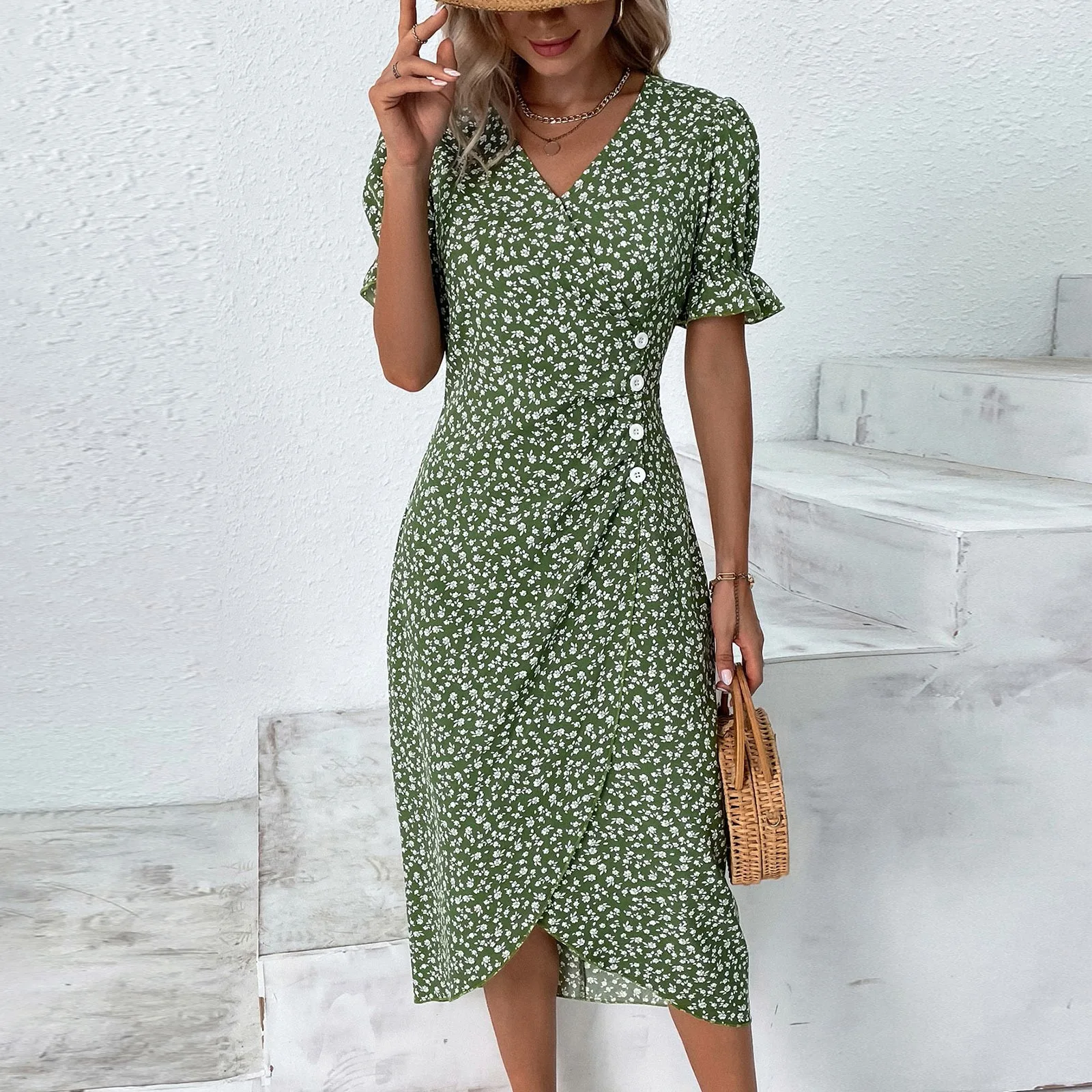 Elegant Floral Pleated H shaped Midi Dress Female V Neck Puff Sleeve Waist Ruched Button Dresses Women Summer Dress Robe