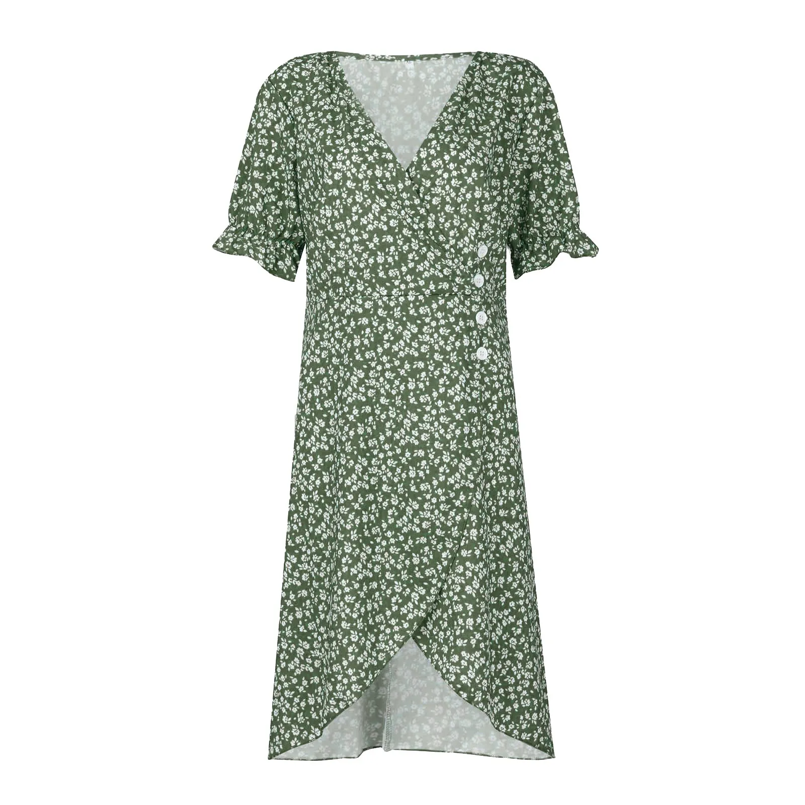 Elegant Floral Pleated H shaped Midi Dress Female V Neck Puff Sleeve Waist Ruched Button Dresses Women Summer Dress Robe