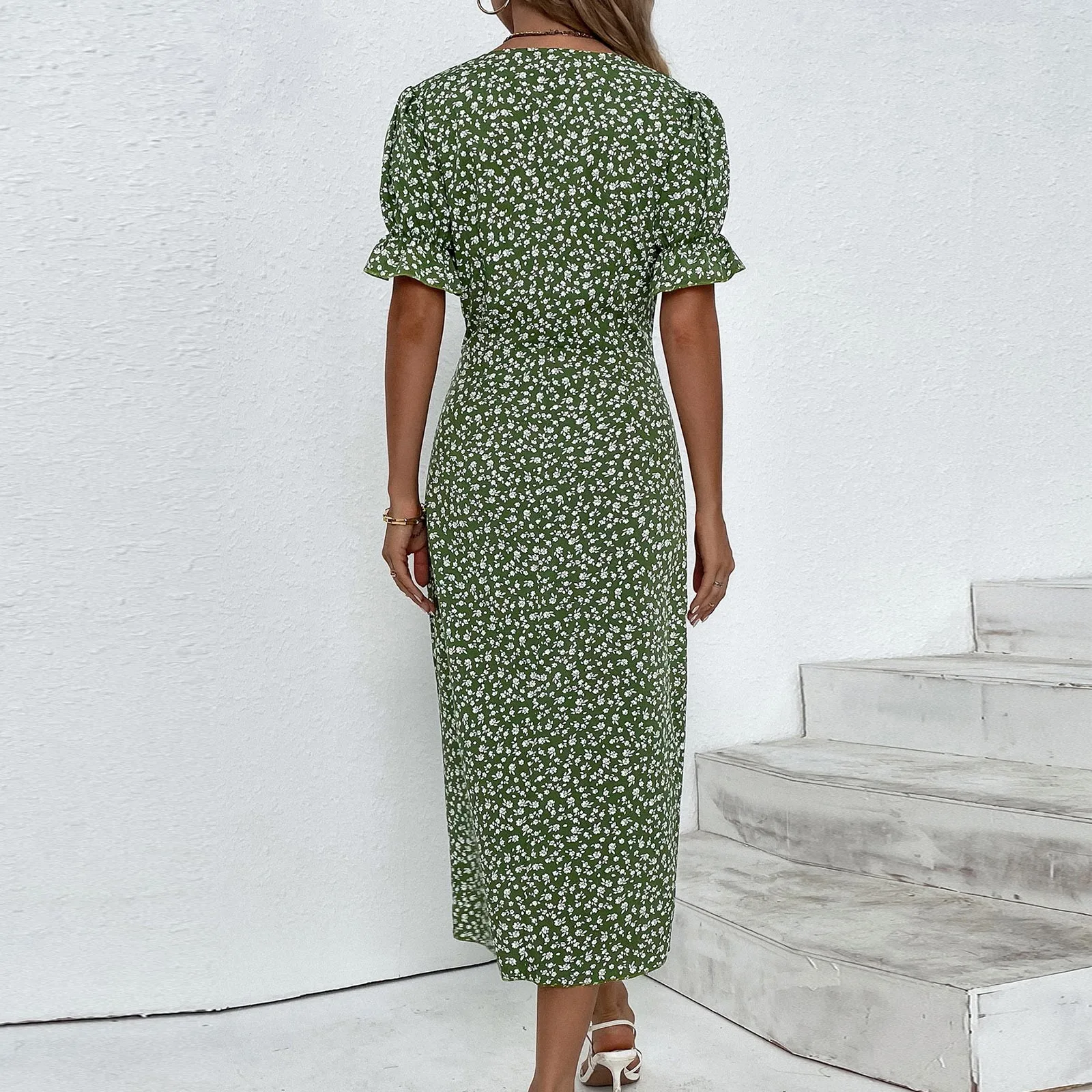 Elegant Floral Pleated H shaped Midi Dress Female V Neck Puff Sleeve Waist Ruched Button Dresses Women Summer Dress Robe