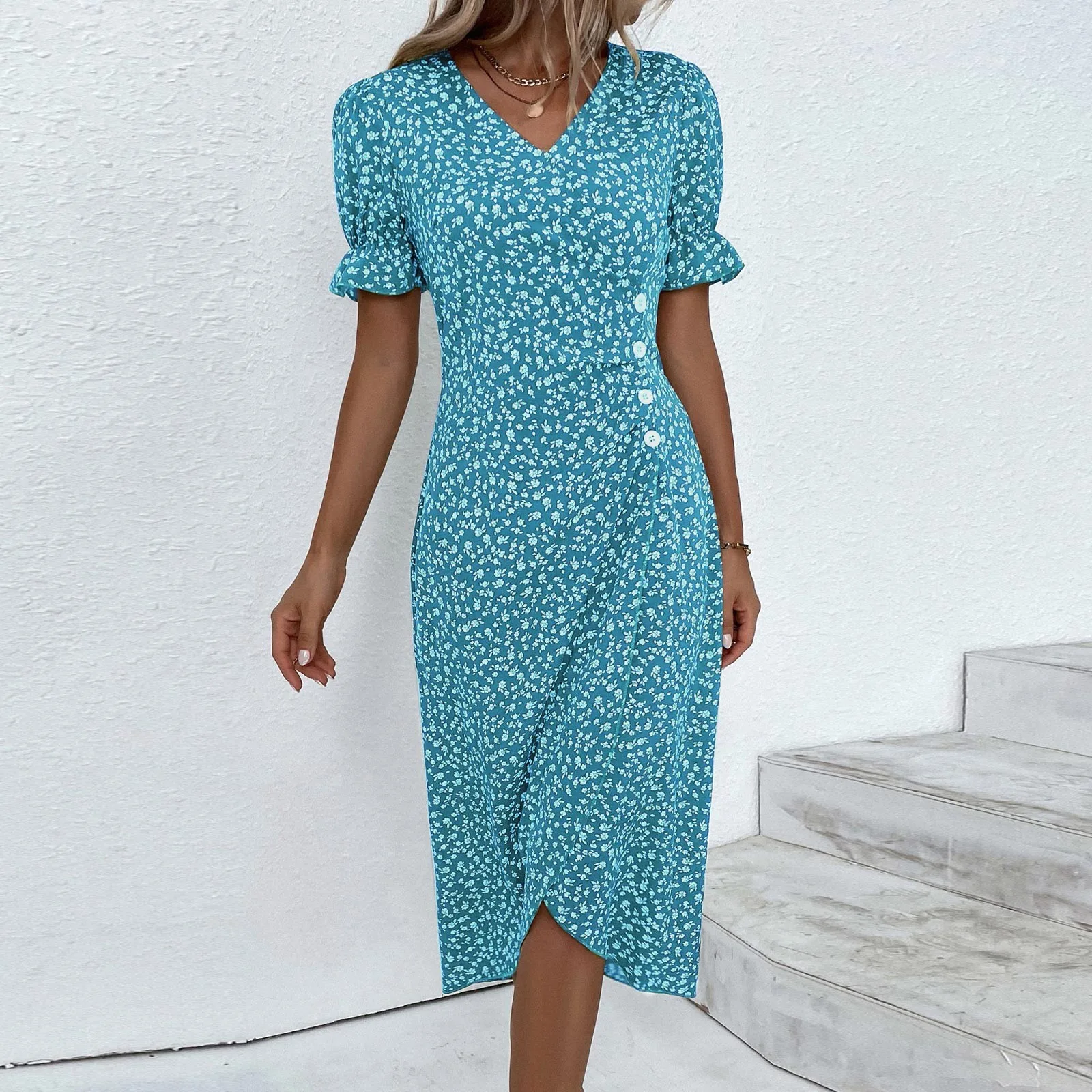 Elegant Floral Pleated H shaped Midi Dress Female V Neck Puff Sleeve Waist Ruched Button Dresses Women Summer Dress Robe