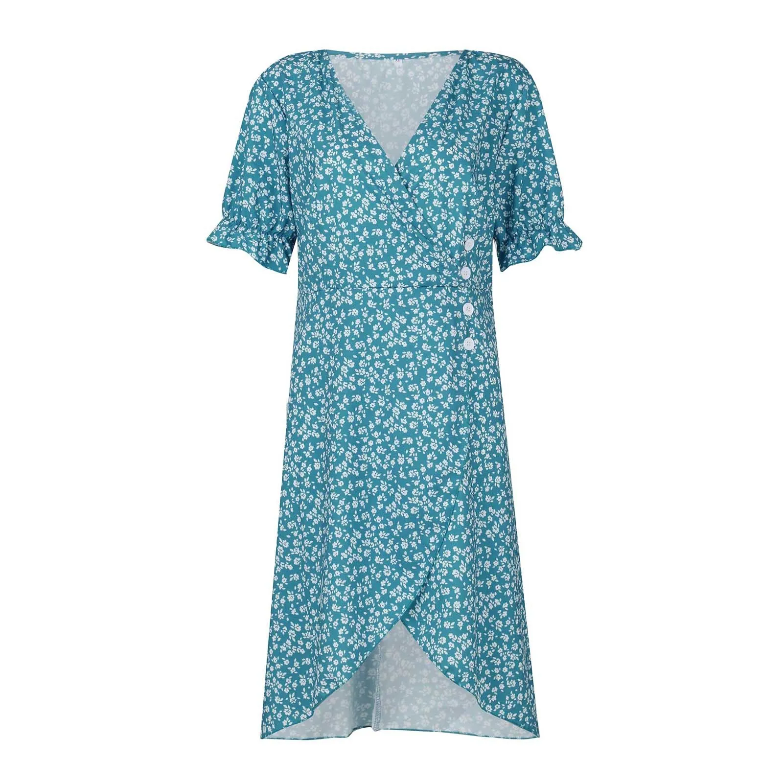 Elegant Floral Pleated H shaped Midi Dress Female V Neck Puff Sleeve Waist Ruched Button Dresses Women Summer Dress Robe