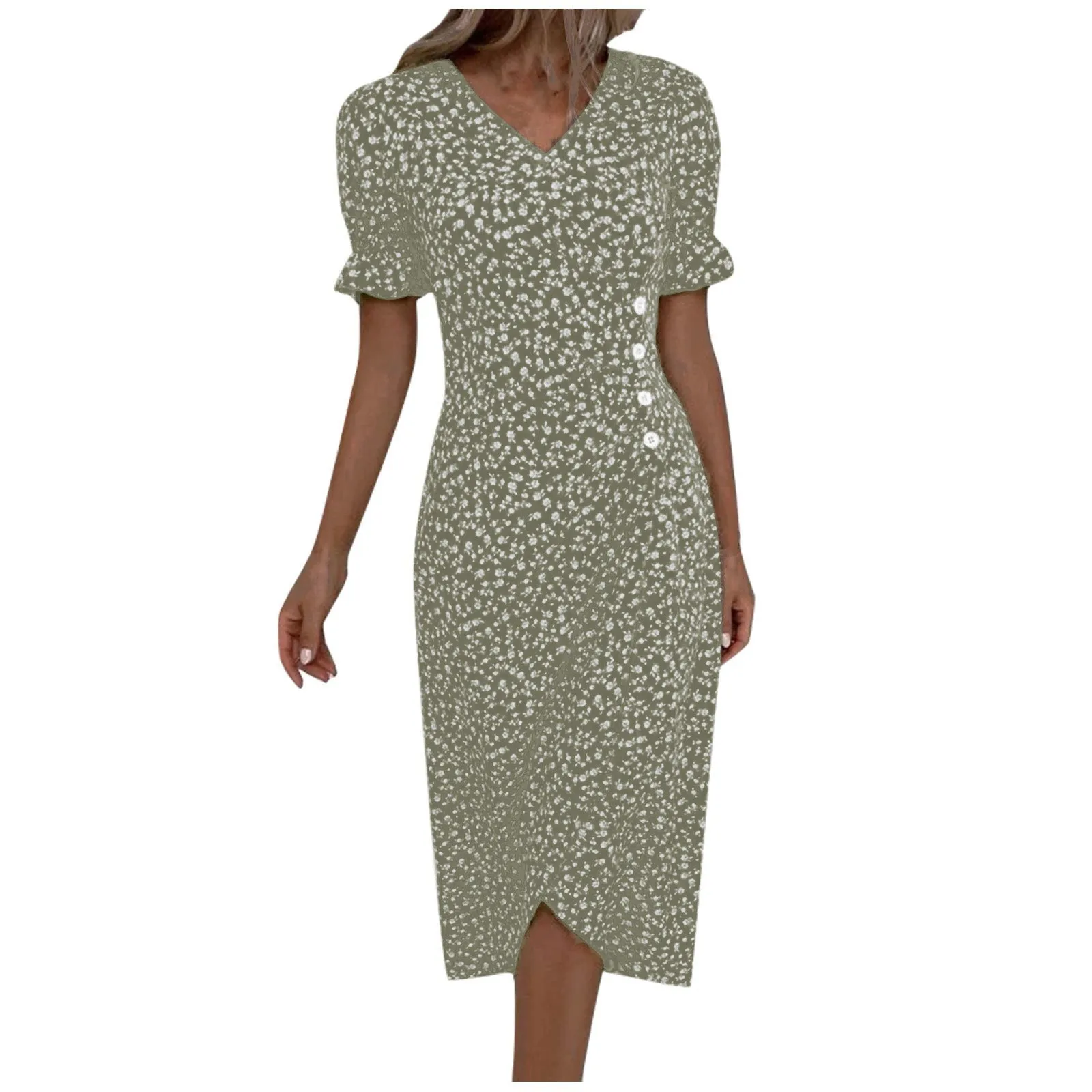 Elegant Floral Pleated H shaped Midi Dress Female V Neck Puff Sleeve Waist Ruched Button Dresses Women Summer Dress Robe