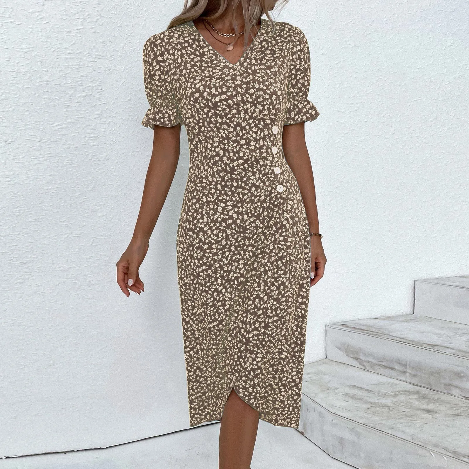 Elegant Floral Pleated H shaped Midi Dress Female V Neck Puff Sleeve Waist Ruched Button Dresses Women Summer Dress Robe