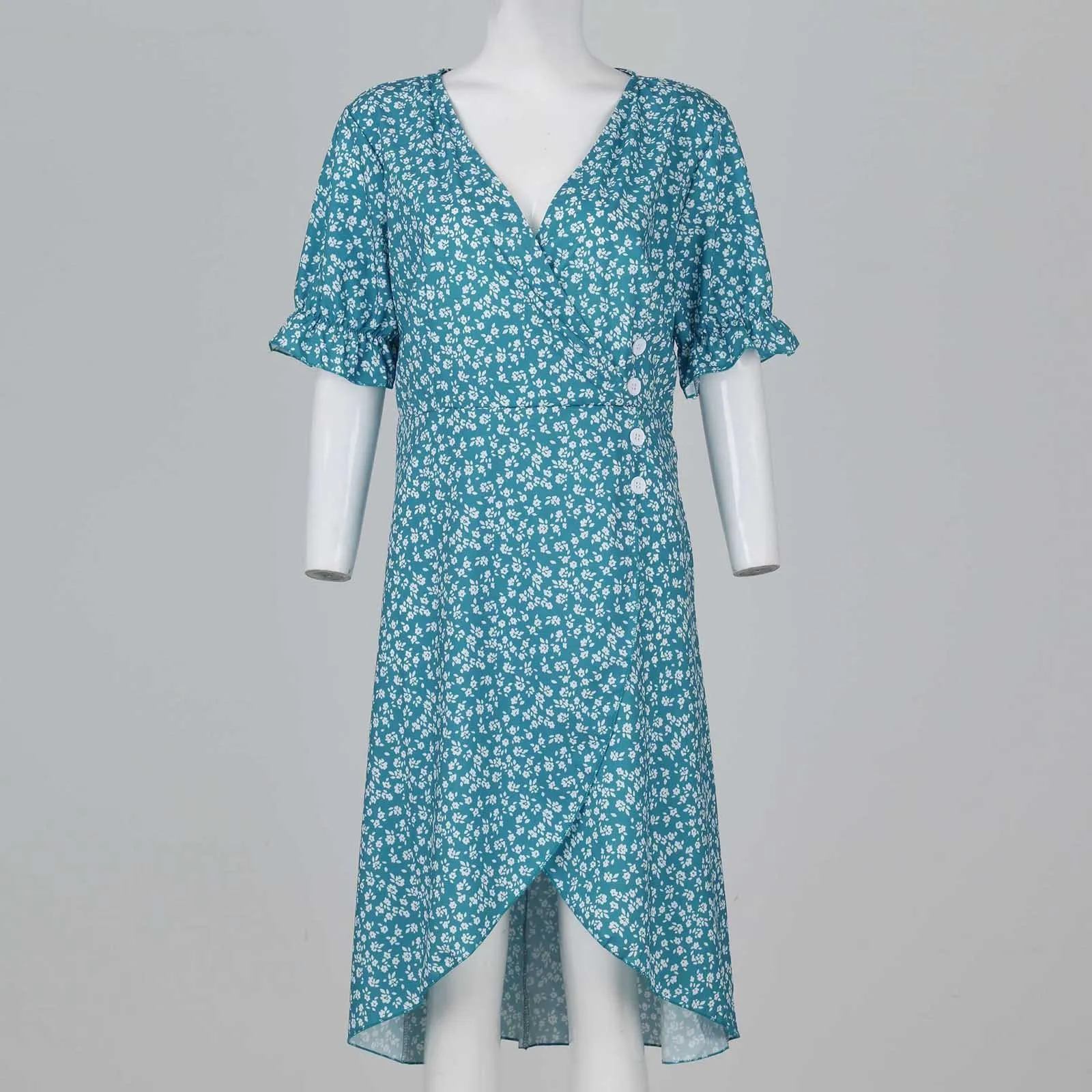 Elegant Floral Pleated H shaped Midi Dress Female V Neck Puff Sleeve Waist Ruched Button Dresses Women Summer Dress Robe